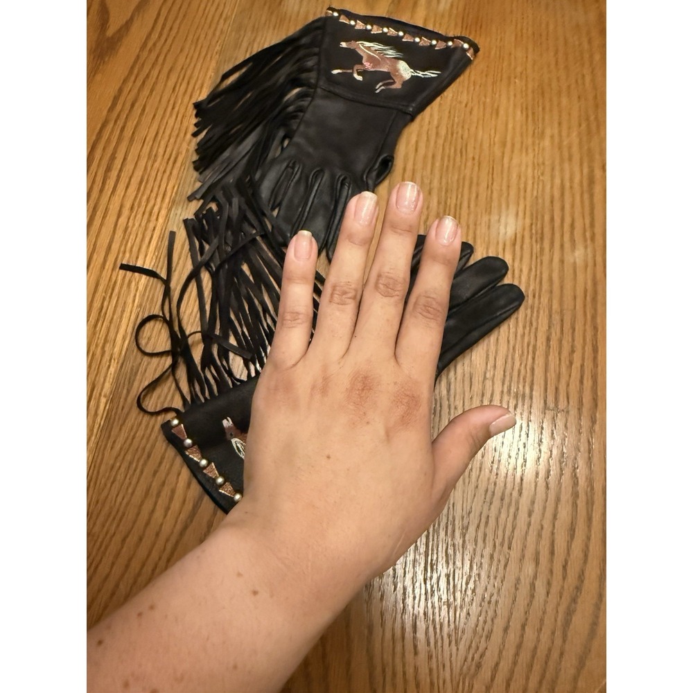 Patricia Wolf Black Leather Hand Painted Gloves Fringe Horses Beaded Cowgirl - Picture 11 of 11
